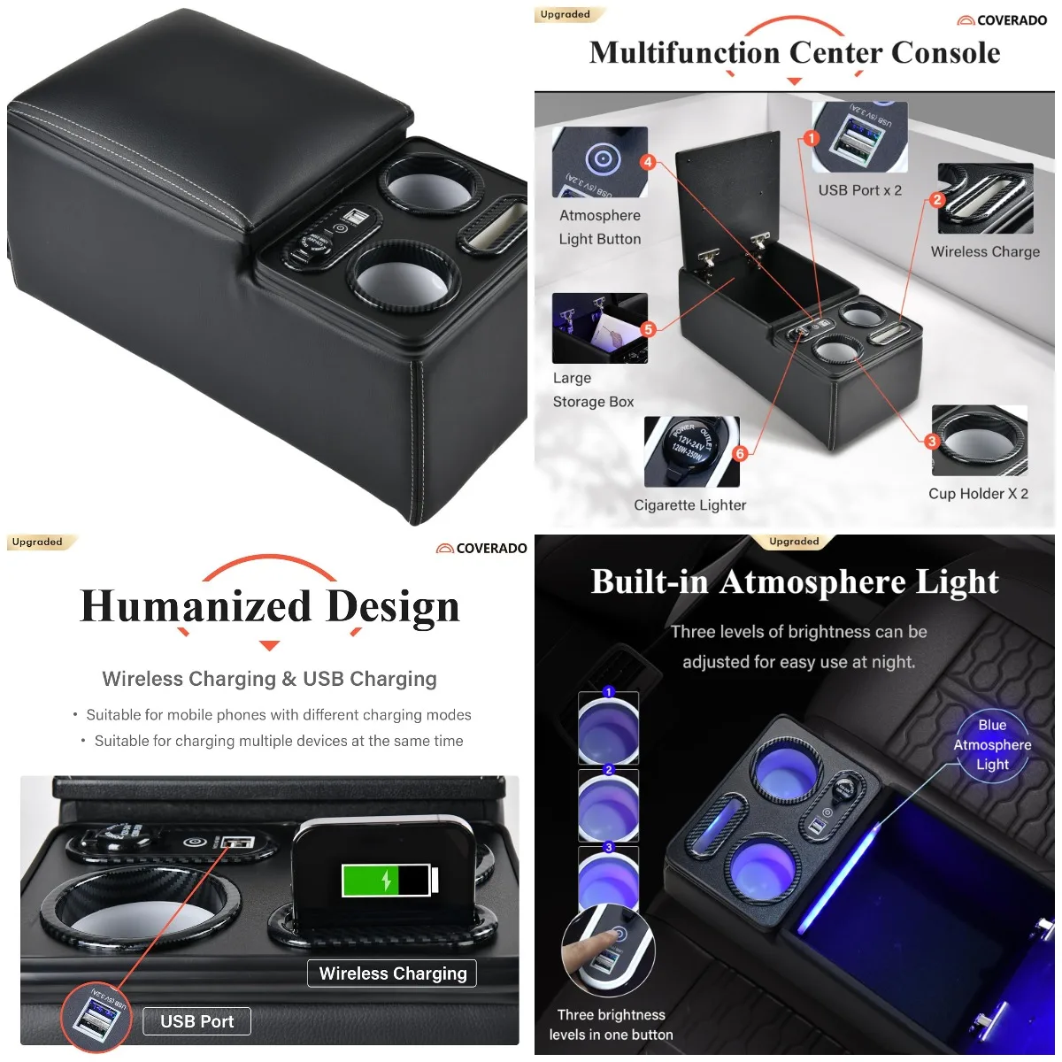 

Universal Car Center Console with Cup & Phone Holder, Black Rear Seat Organizer