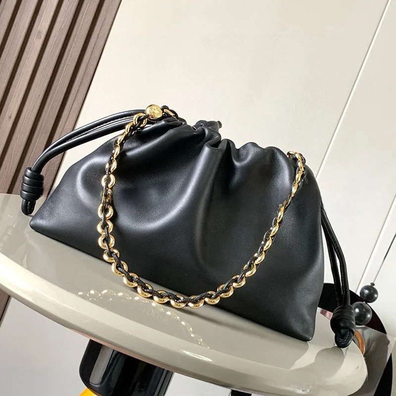 2025 New Street Trend Leather Cloud Bucket Bag Drawstring Shoulder Crossbody Underarm Handheld Bag Soft Velvet Lining