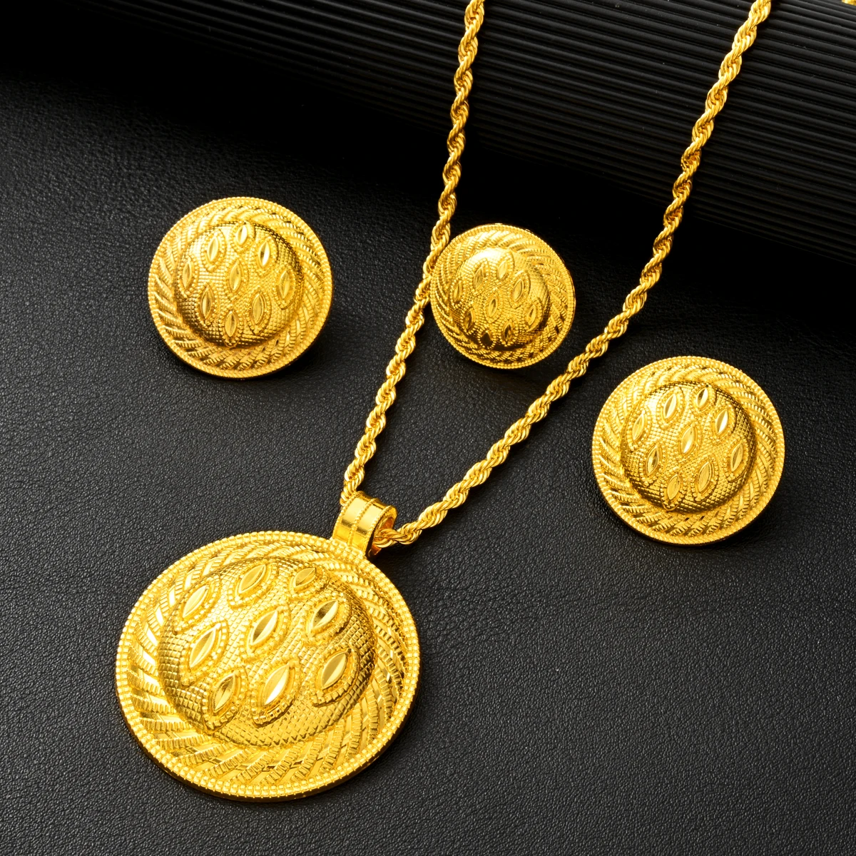 NEW Style Golden Ethiopian Color Classic Jewelry Set Round Pendant Earrings Ring 3-Piece Set African Eritrean Wedding Women Gift
