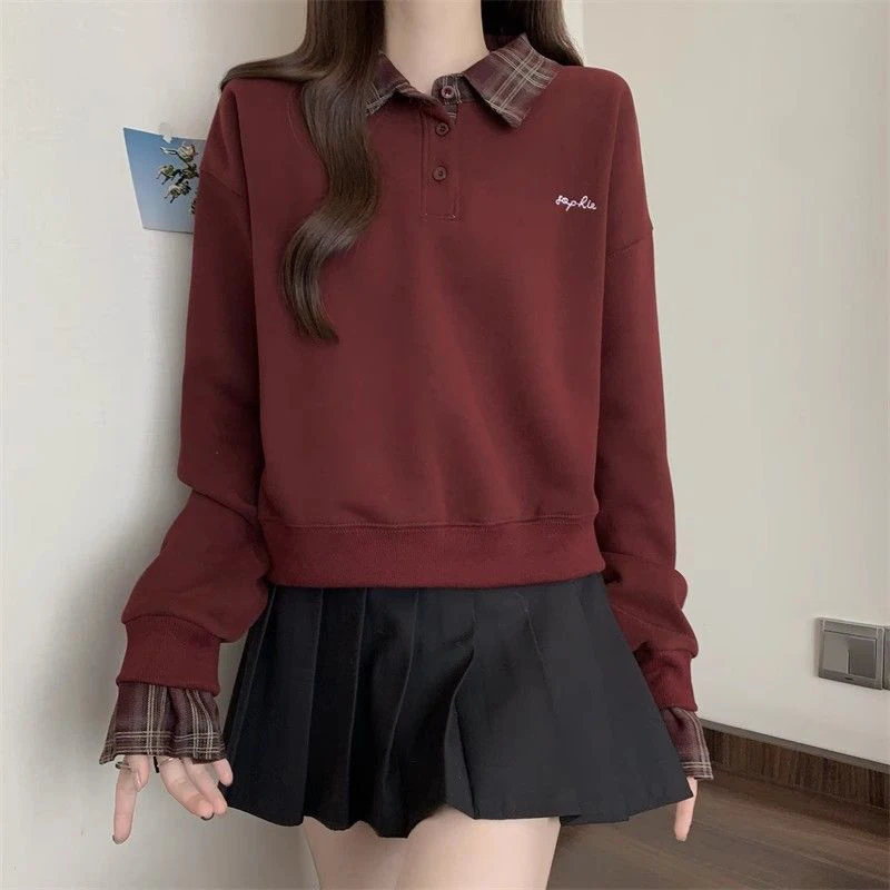 

Fashion Plaid Women Sweatshirts Fall Korean Button Patchwork Oversize Pullovers Simple Loose Long Sleeve Chic Casual Female Tops