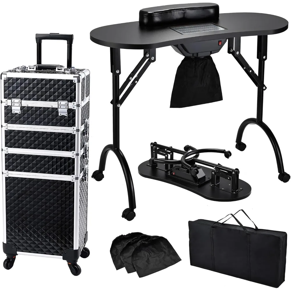 Foldable Nail Table Manicure Desk with Dust Collector + 4 in 1 Rolling Makeup Train Case for Mobile Stylist