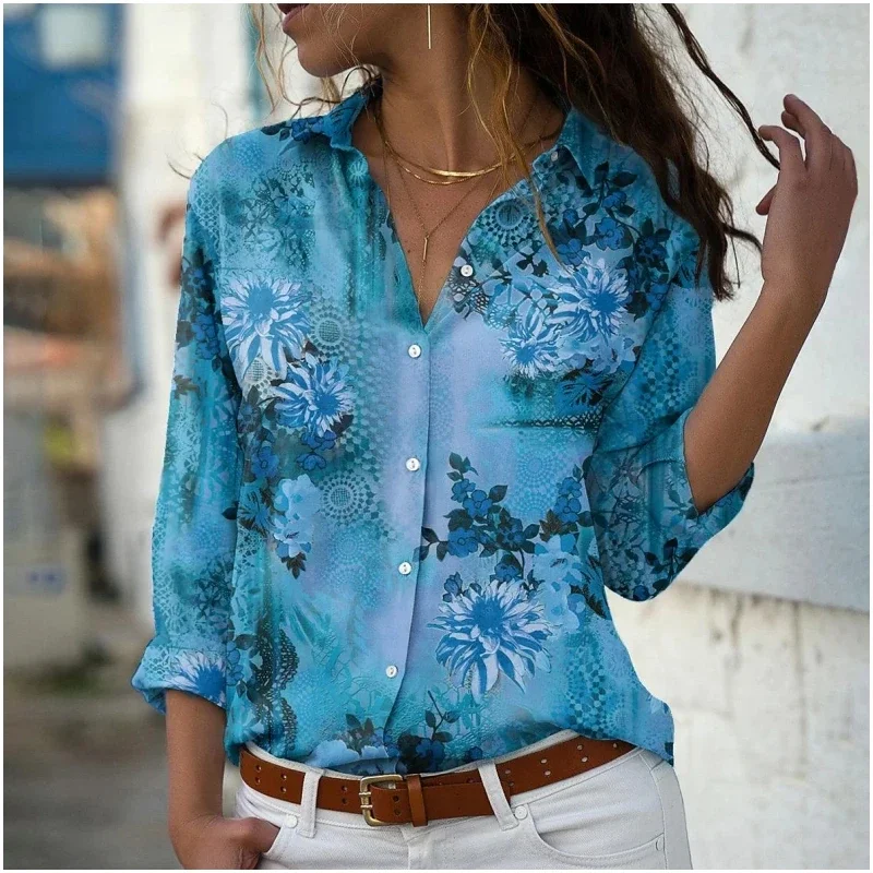 Elegant Sweet Floral Women's Shirt Tops Casual Long Sleeve Turn-down Collar Comfortable Casual Style Spring Autumn Shirt Blouses