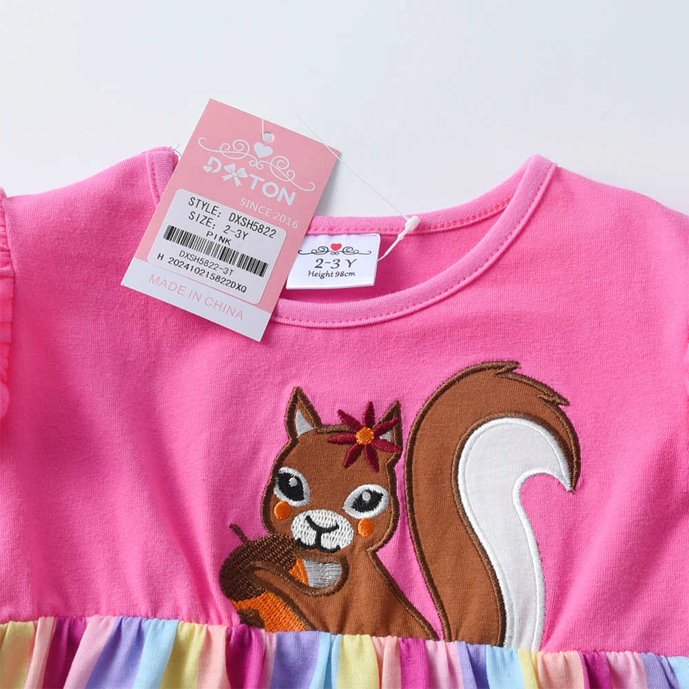 DXTON Cotton Children\'s Clothing Summer Toddler Causal Dresses Flying Sleeve Kids Vestidos Squirrel Applique Striped Girls Dress