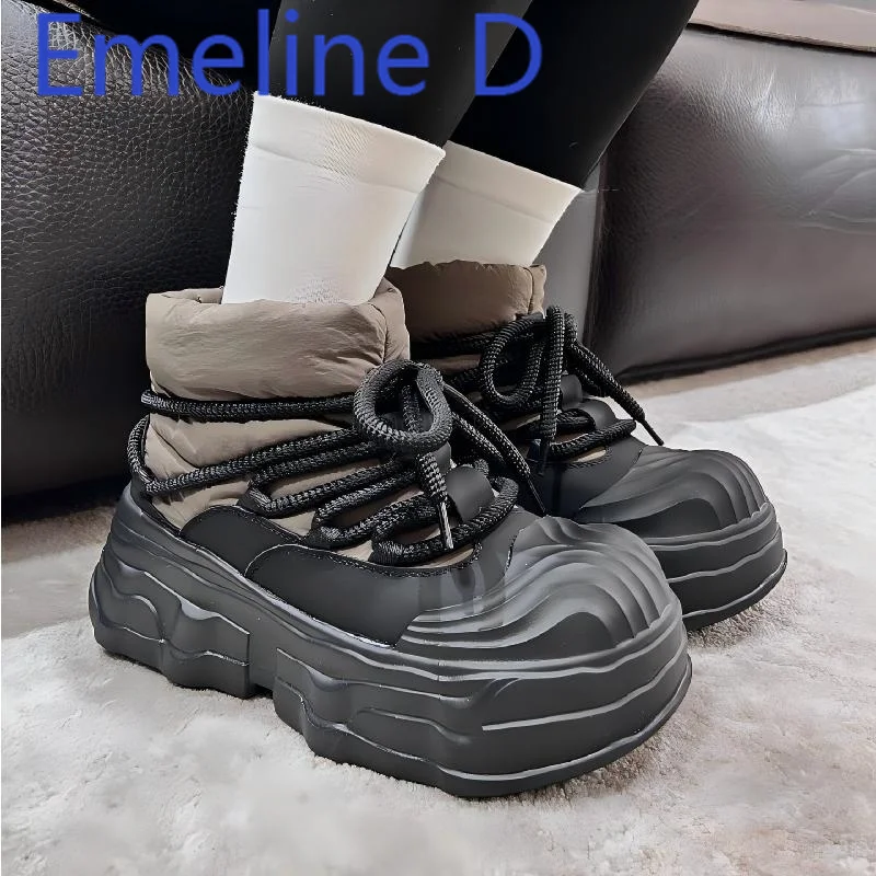 

Cotton and Leather Spliced Snow Boots Fashionable and Simple Lace Up Sleeves Flat Bottomed and Thickened Winter Warm Short Boots