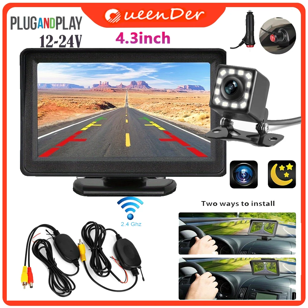 QueenDer 12led Reversing Camera Wireless Car Rear View HD Parking System Night Vision Function + 4.3” Monitor, Model Common