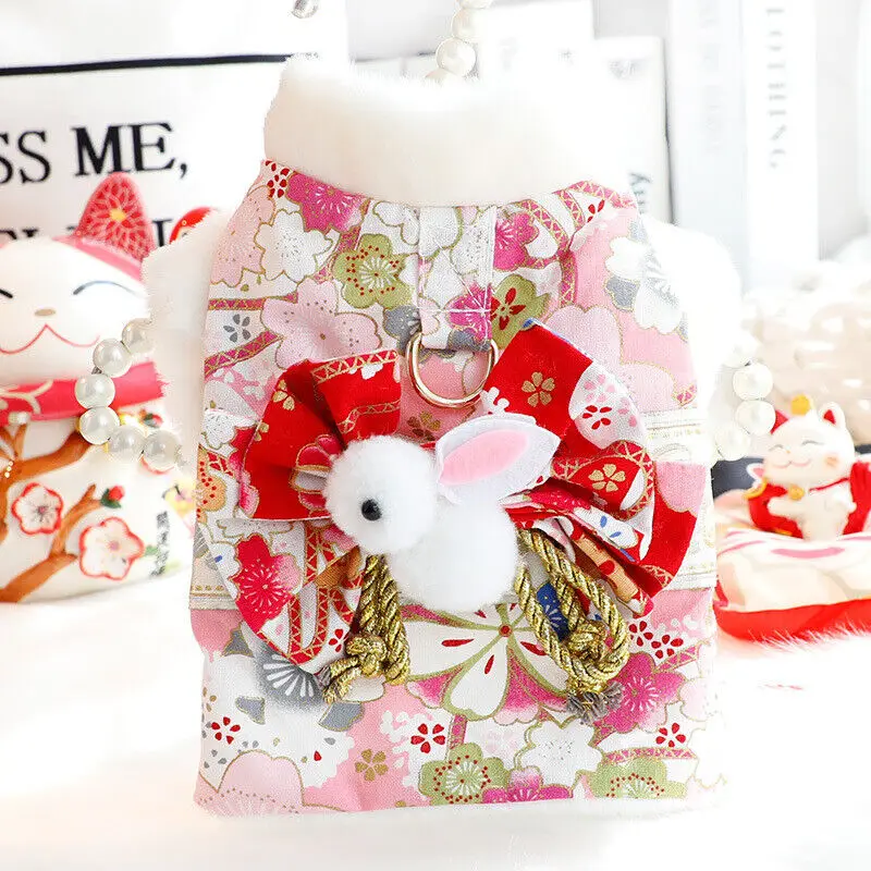 Japanese Warm Cat and Dog Coat, Princess Sakura Kimono, Bow-knot Pet Clothes, Jacket, Flower Printing, Supplies