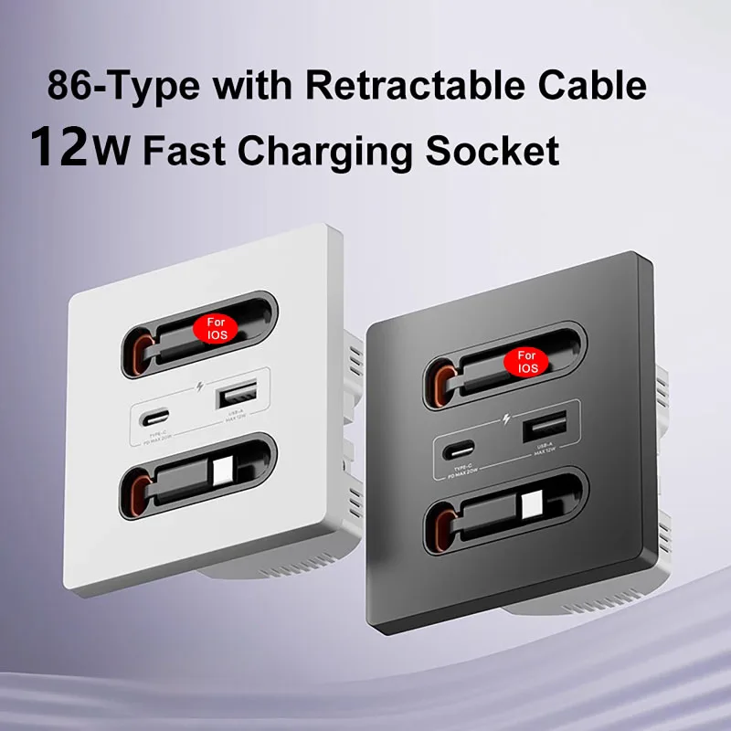 12W Fast Charging Panel with 80cm Retractable Cable Type-C & USB-A Socket Switch Panel Mobile Phone Charging Socket Panel