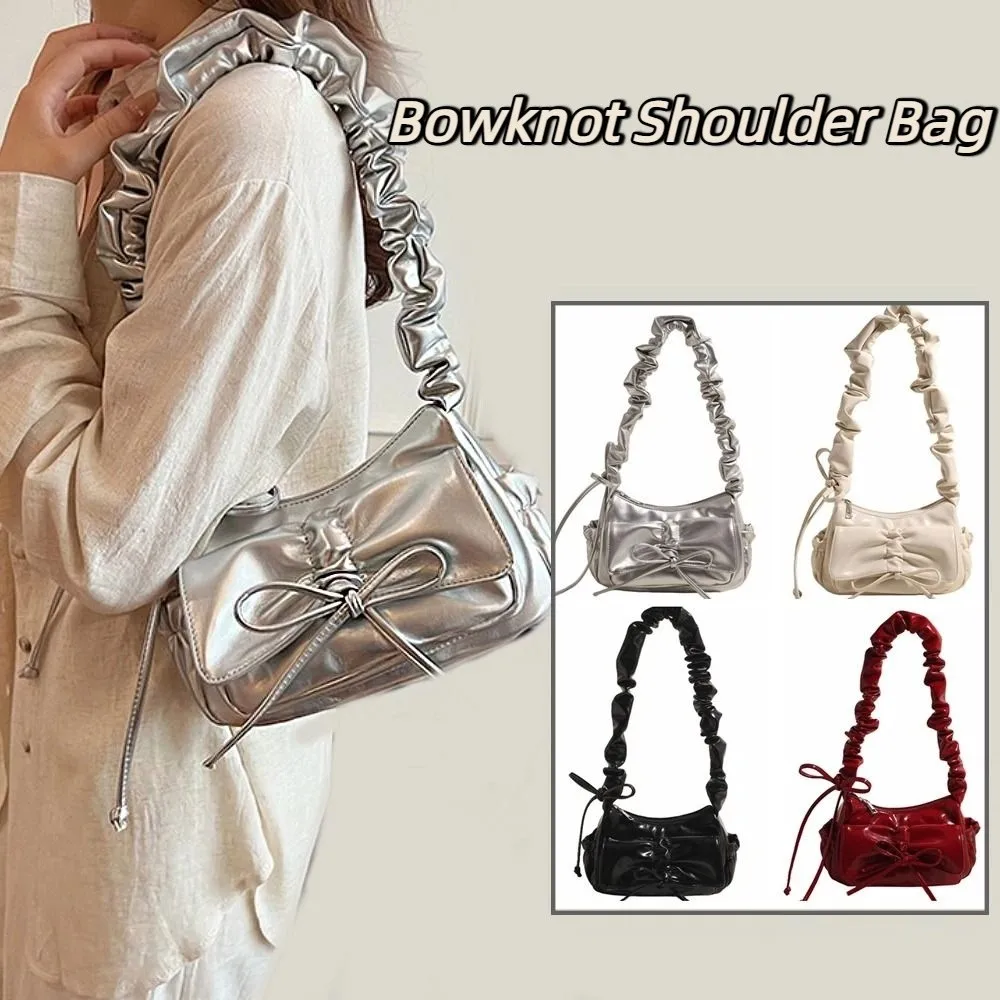 

Luxury French Style Bowknot Shoulder Bag Ruched Pu Leather Bow Underarm Bag Korean Style Fold Strap Pleated Drawstring Bag Women