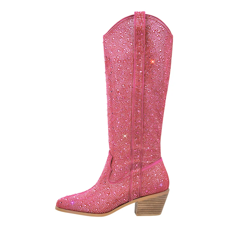 Onlymaker Women Rhinestone Boots Pink Knee High Boots Glitter Bling Shiny Pointed Toe Block Heel Western Cowgilr Boots