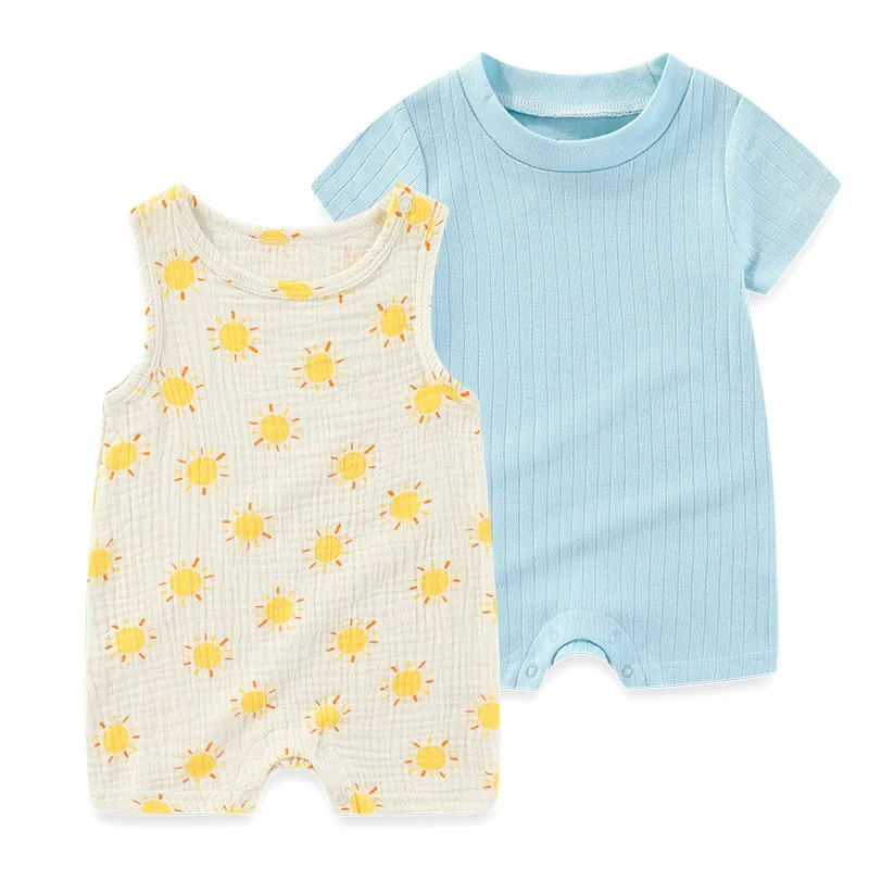 Ropa para bebé recién nacido, 2 piezas, ropa Unisex de algodón con dibujos animados para bebé, ropa con estampado de flores de 0 a 12M, manga corta,