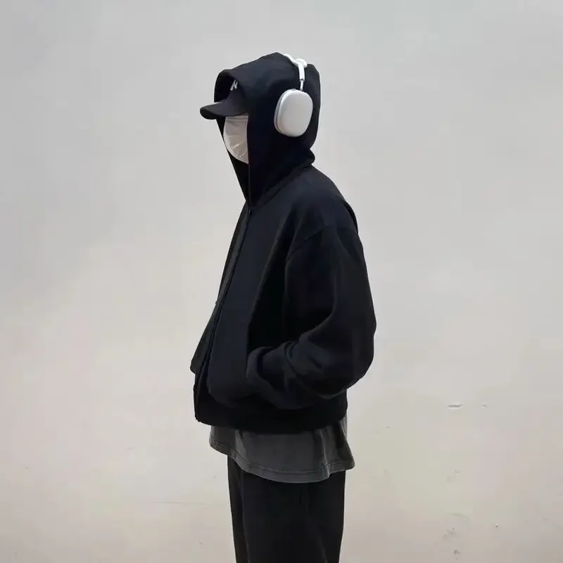 Korean Style Boxy Fit Cropped 540G Heavyweight Unisex Basic Solid Loose Drop Shoulder French Terry Full Zip Up Hooded Sweatshirt