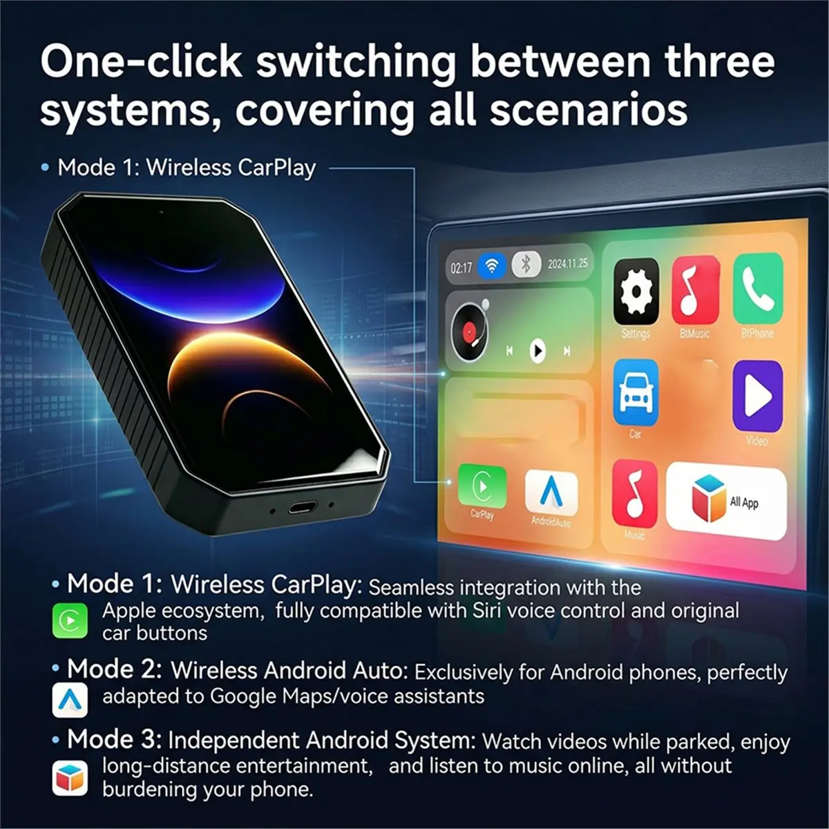 Y2357A*☀▃CarRocket CarPlay Video Box Wired to Wireless CarPlay AI Box,Smart Android 15 System, Plug and Play Multimedia Adapter