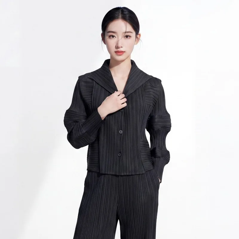 Miyake Pleated 2026 New Original Casual Summer Women's Cardigan High-end Feel Lapel Long Sleeve Loose Versatile Jacket Pleat