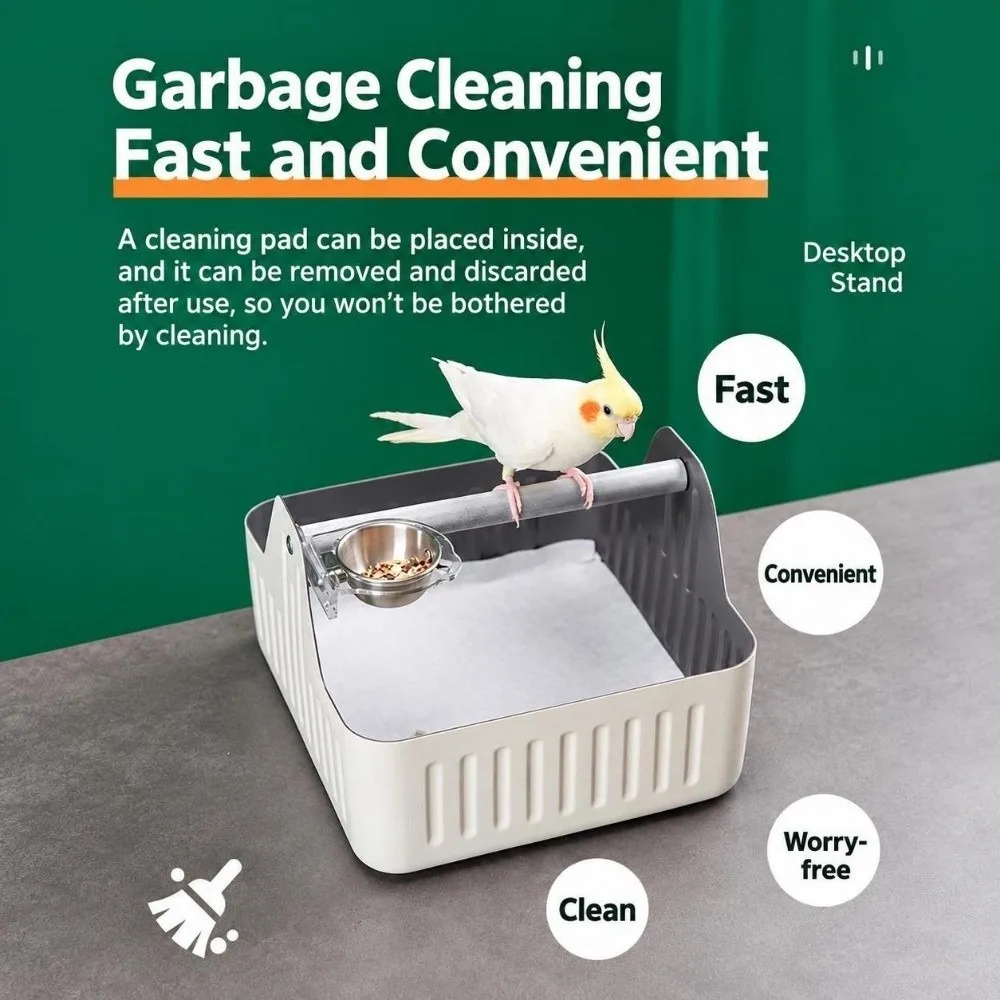 Easy Clean Parrot Fixed-Point Defecation Station with Ruling Paper with Tray Parrot Potty Training Trash Can Aluminum Alloy