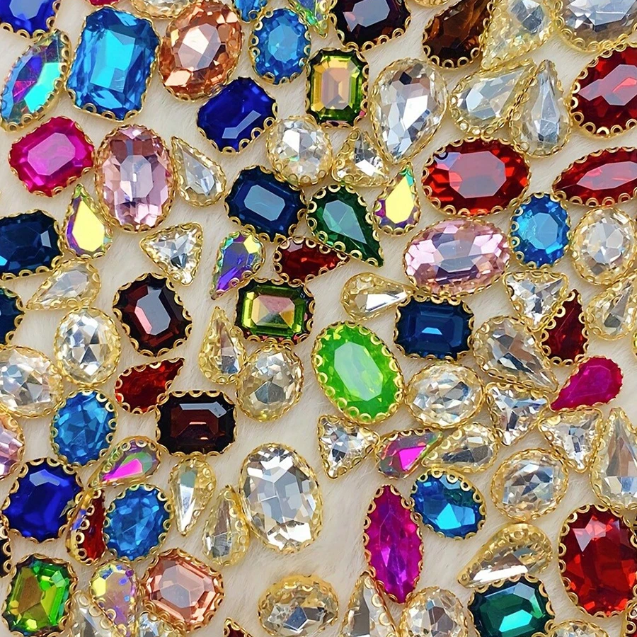 Mixed Colors Rhinestone Embellishments With Golden Claw, Glass Sew-On Gems For DIY Fashion Clothing, Shoes, Hats, And Bags Decor