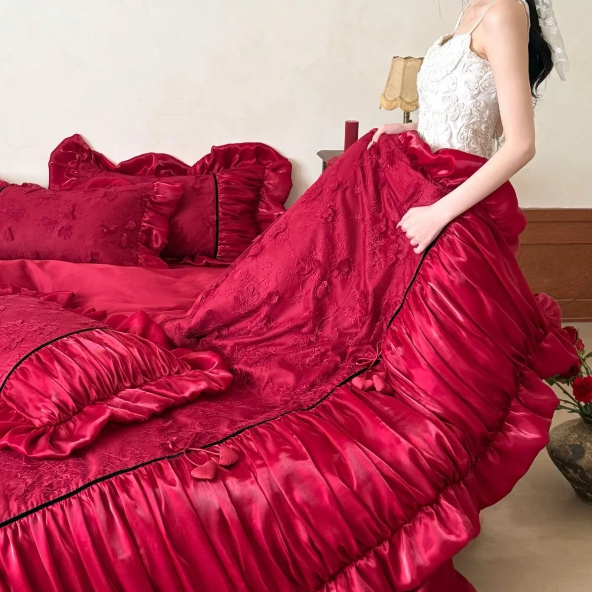 French romantic wedding cotton long-staple cotton four-piece princess style quilt cover wedding bedding lace 100 pcs