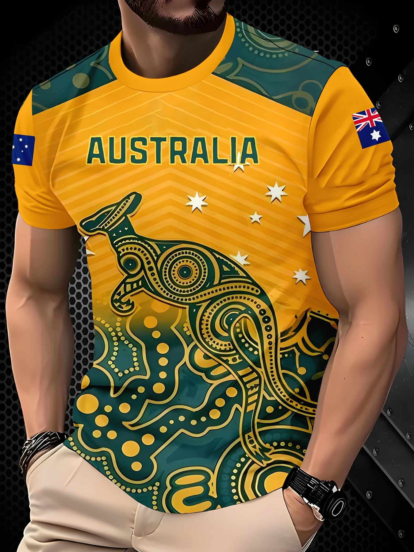 Australian kangaroo Aboriginal totem T-shirt, men's sports short-sleeved shirt with yellow-green gradient national flag design.
