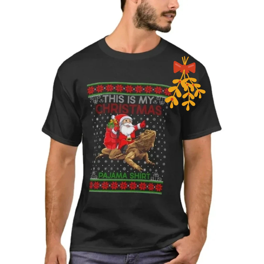 Funny Santa Riding Bearded Dragon Ugly Christmas Sweater T-Shirt 100% Cotton O-Neck Short Sleeve Casual Mens T-shirt Size S-3XL