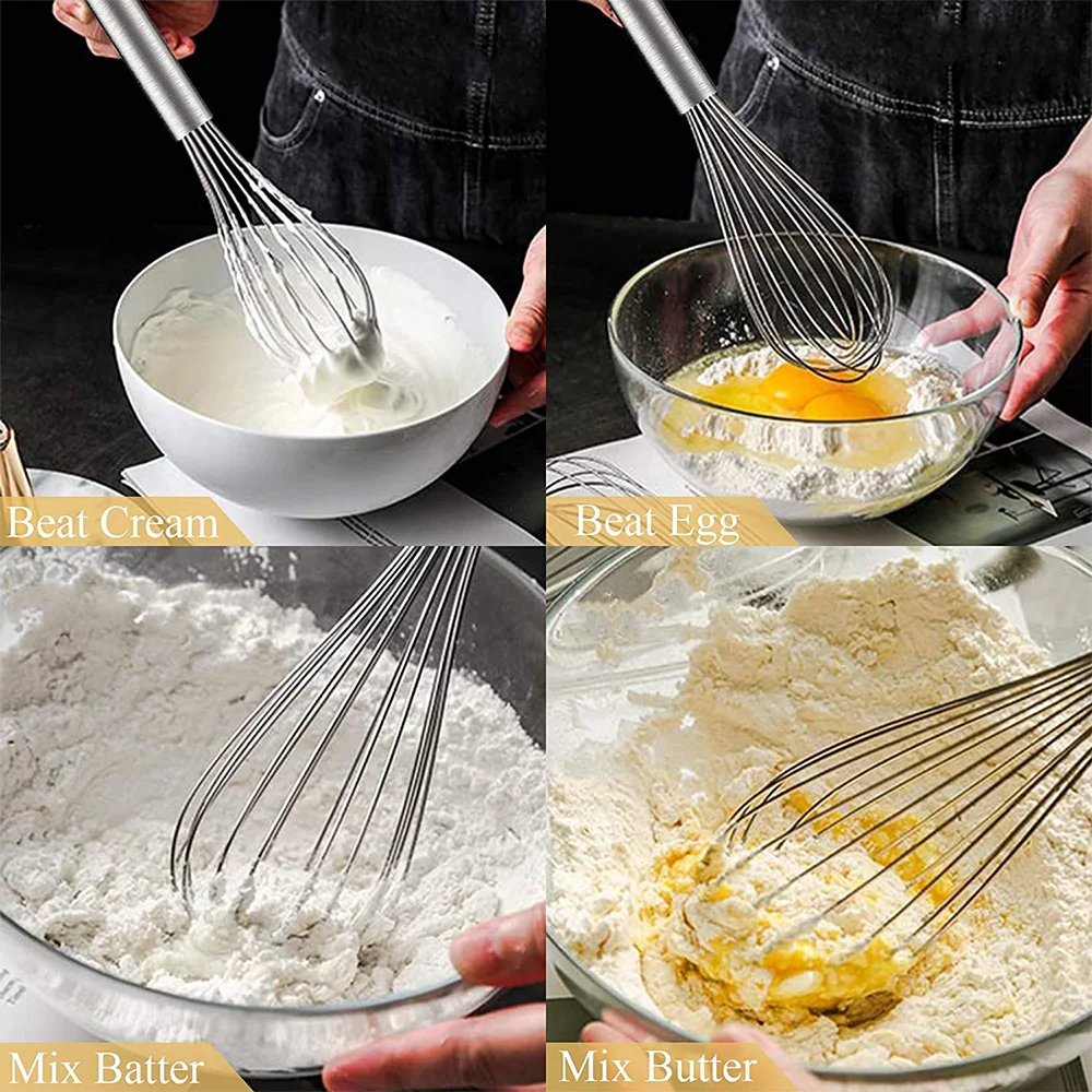 3Pcs Stainless Steel Whisk Set 6 Wire Whisks 8/10/12 Inch Kitchen Balloon Whisks with Stainless Grip Manual Egg Beater Blender