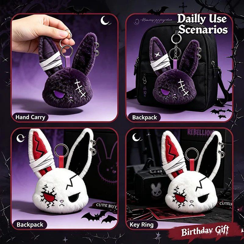 Gothic Dark Cool Rebellious Bunny Plush Doll Keyring Dark Style Rabbit Bag Charm Pendant Soft Stuffed Toy Birthday Gift