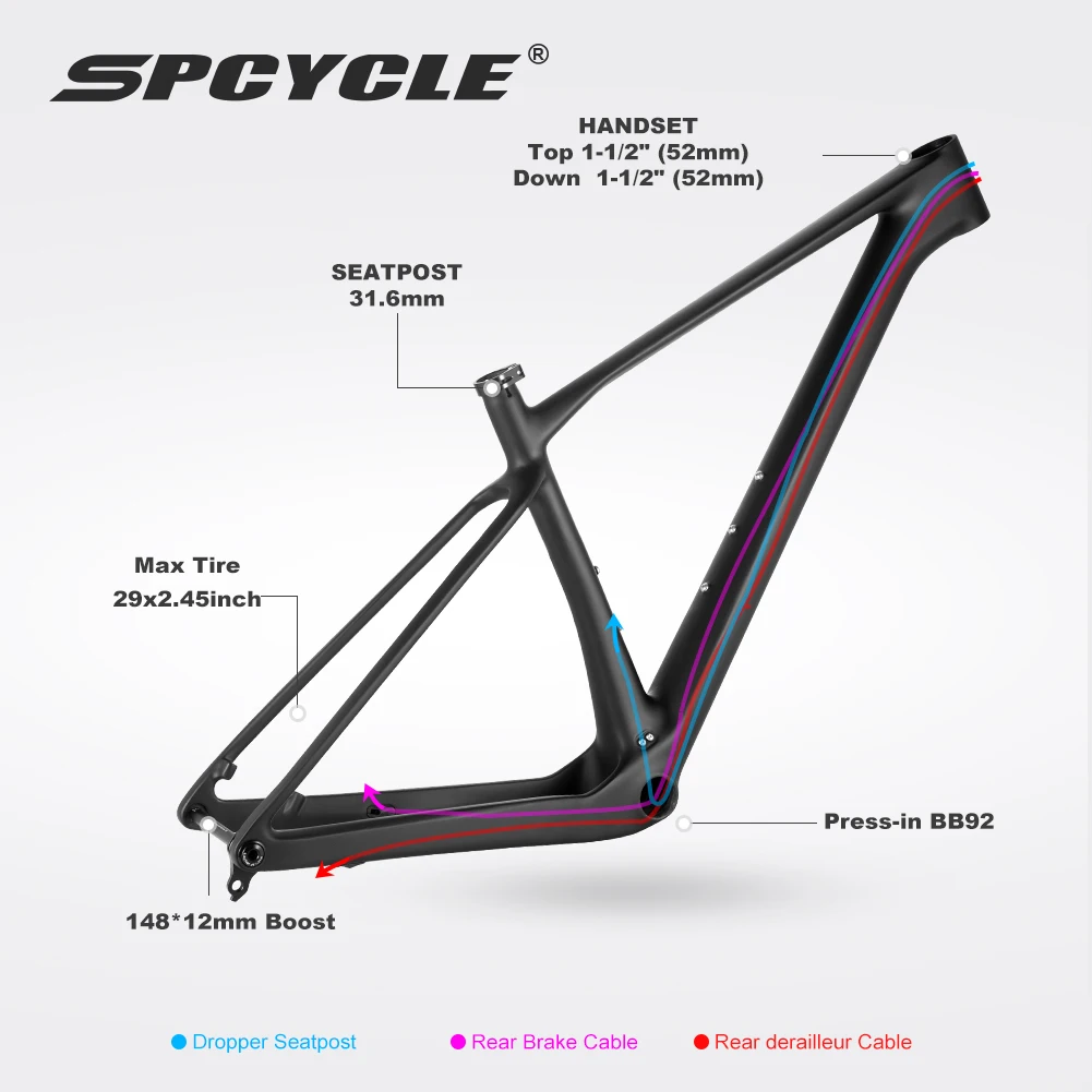 Spcycle 2024 New T1000 Carbon Mountain Bike Frame UDH Hanger 12x148mm Boost Full Internal Routing 29er MTB Carbon Frame