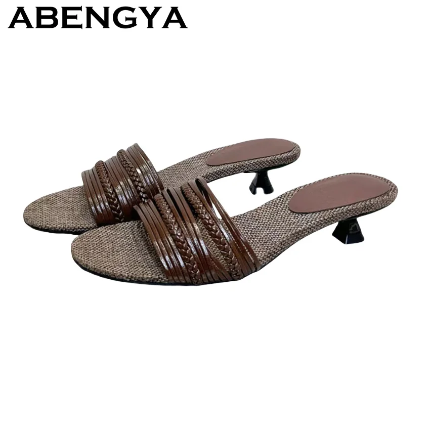 

ABENGYA Genuine Leather Rattan Weave 3cm Low Heels Slippers Woman 2025 Summer New Ethnic Style Kitten Heel Mules Slippers Mujer