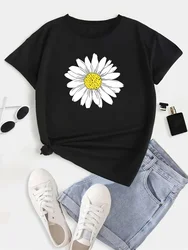 Plus Size Daisy Print Short Sleeve T-shirt Women's Plus Slight Stretch Round Neck Casual Tee