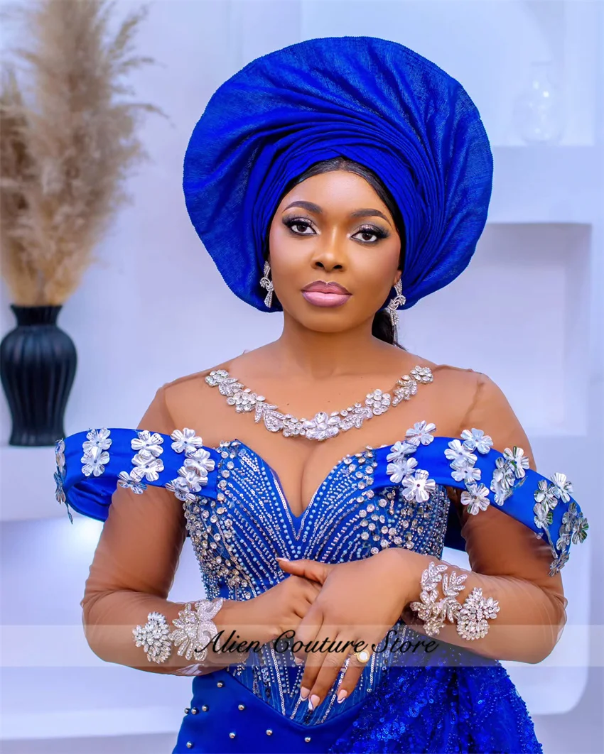 Vestidos de Noche nigerianos de sirena azul real con cuentas de cristales Aso Ebi hasta el suelo vestido de fiesta Formal de cumpleaños personalizado