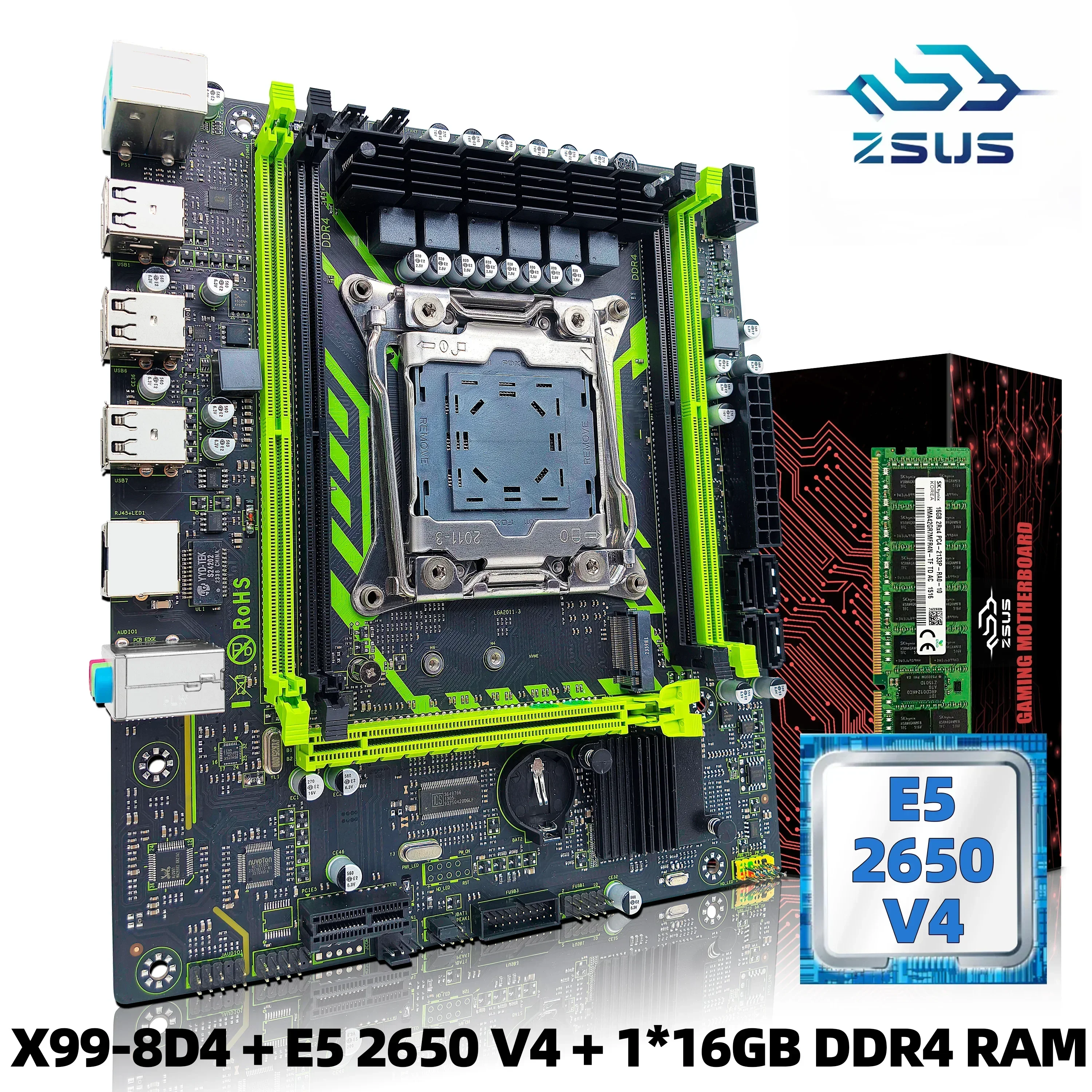 

Новый! Комплект материнской платы ZSUS X99-8D4 с процессором LGA2011-3 Xeon E5 2650 V4 DDR4 16 ГБ (1*16 ГБ) 2133 МГц ОЗУ памяти NVME M.2 SATA