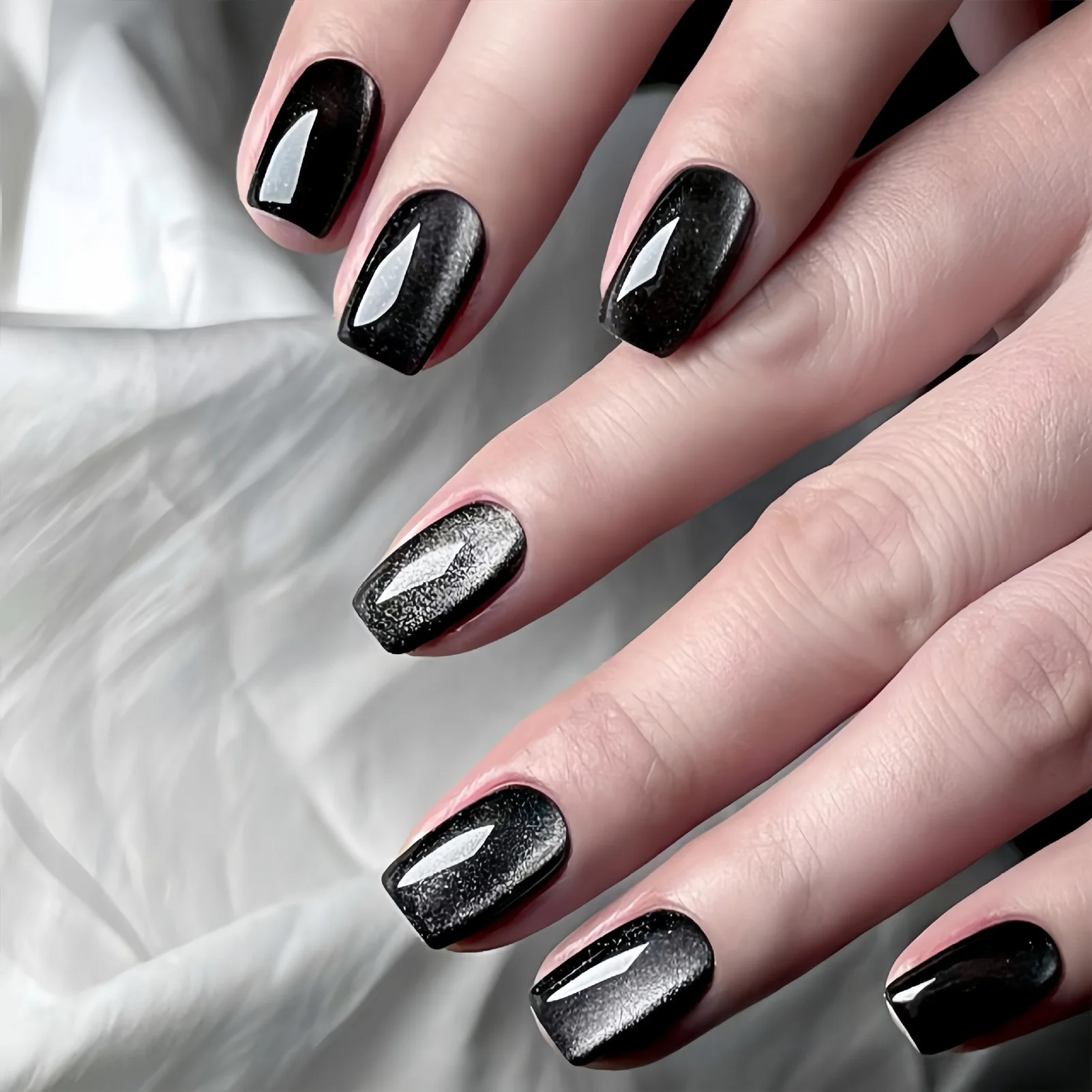 Black Press on Nails with Sticky Tabs Short Square False Nails Tips Solid Color Full Cover Wearable Fake Nails for Women 24Pcs
