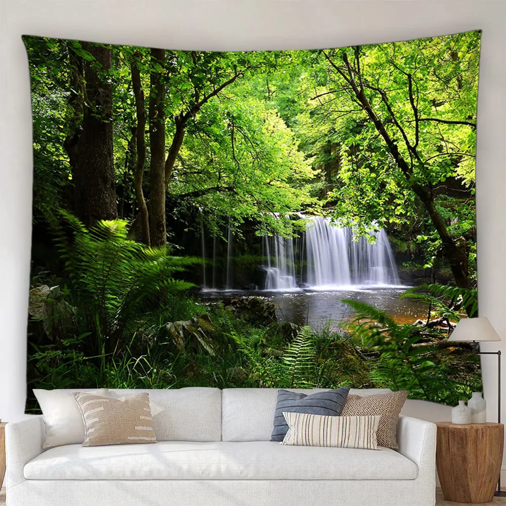 Nature Landscape Tapestry Tropical Rainforest Waterfalls Rivers Trees Plants Flowers Polyester Printed Fabric Fine Home Decor