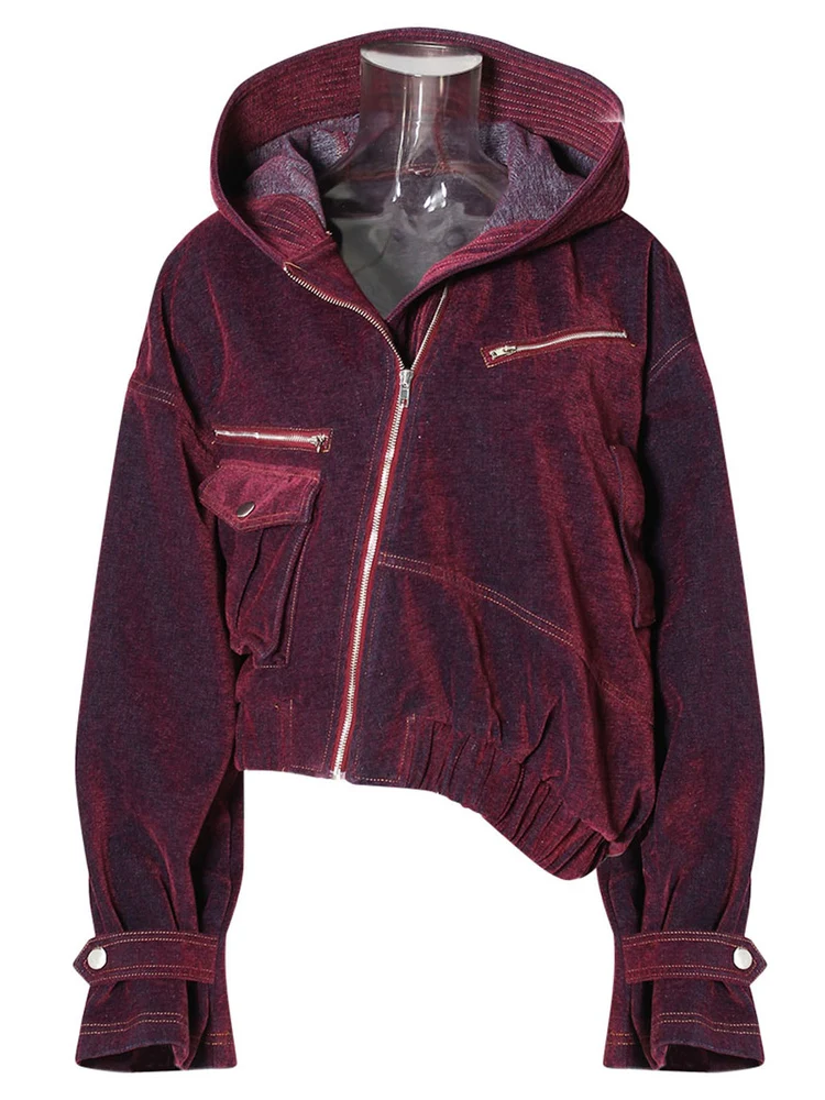  Style Short Hooded Asymmetric Loose Fit Denim Jacket Women's Trendy Streetwear Cotton Blend Long Sleeve Zipper Closure