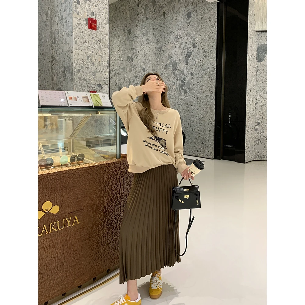 

Юбка миди Pijiuu с высокой талией, А-силуэт, плиссированная, кофейного цвета, новая коллекция Осень 2023, корейский стиль, однотонная, для повседневной носки