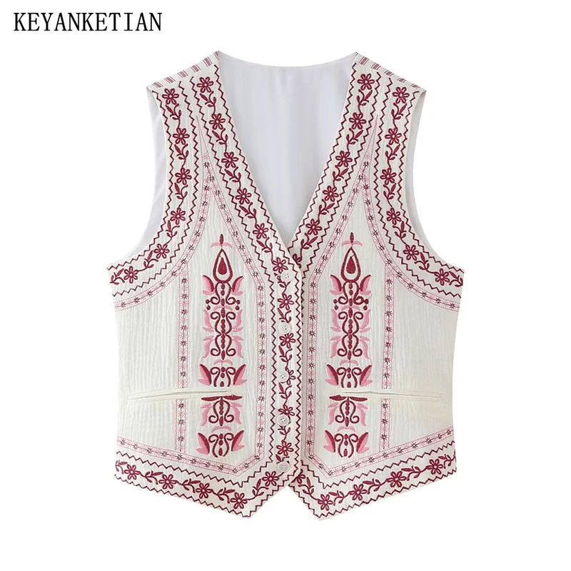 Keyanketian neue ethnische Stil Totem Stickerei Weste Leibchen V-Ausschnitt Knöpfe schlanke dünne ärmellose Crop Top Frauen Retro Weste