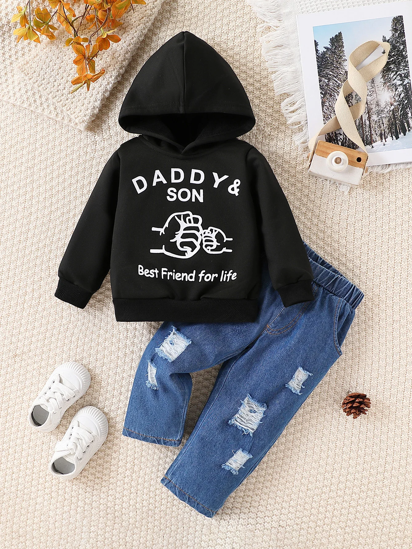 2Pcs Spring Autumn Baby Boy Outfit,Daddy & Son Print Hooded Sweatshirt + Ripped Denim Pants,Cute Stylish Toddler Boys Clothes