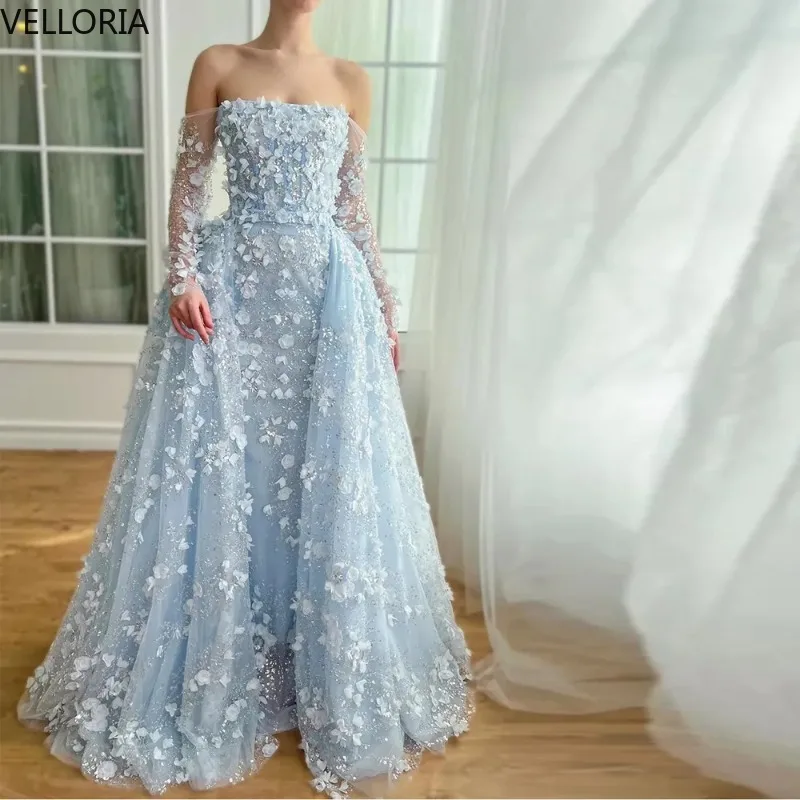 

Элегантное кружевное вечернее платье с цветочным принтом и открытыми плечами, с длинными рукавами, бальное платье русалки со шлейфом, вечернее платье, Vestdos De Fiesta, по индивидуальному заказу