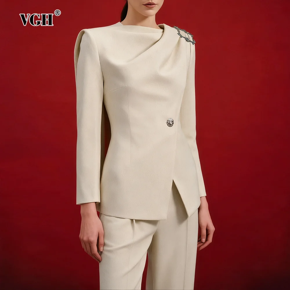 

VGH Solid Tunic Temperament Blazer for Women Scarf Collar Long Sleeve Loose Chic Streetwear Women's Jackets Autumn Fashion New