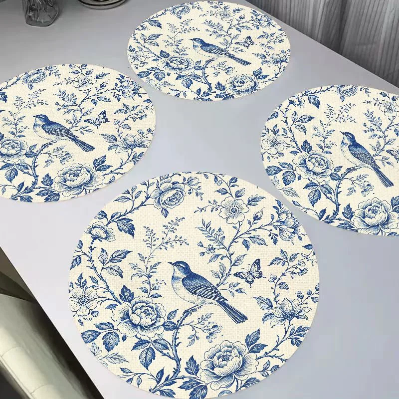 VIKAMA Blue White Porcelain Butterfly Round Linen Table Mats, Heat Resistant Wear-Resistant Washable Home Decor