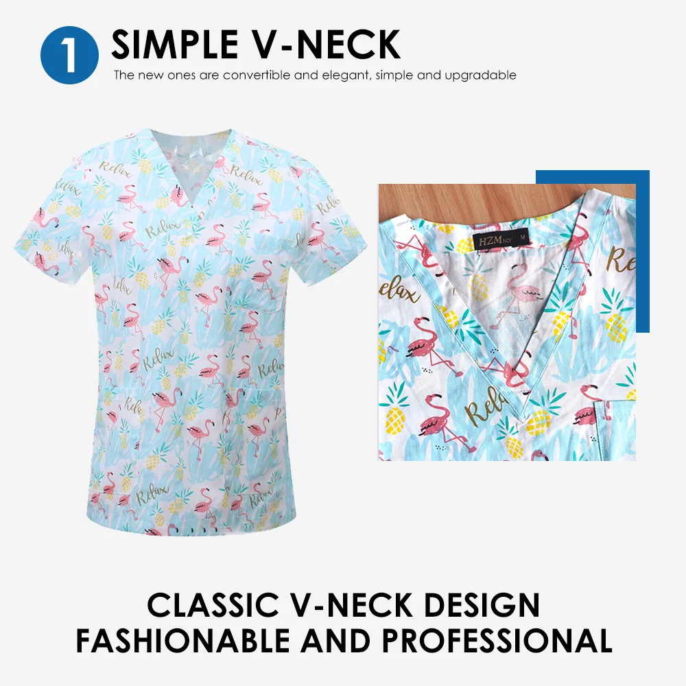 여성용 귀여운 동물 & 꽃무늬 프린트 V넥 클리닉 스크럽 반팔 패치 포켓 상의 수술복 남성용 의료 유니폼