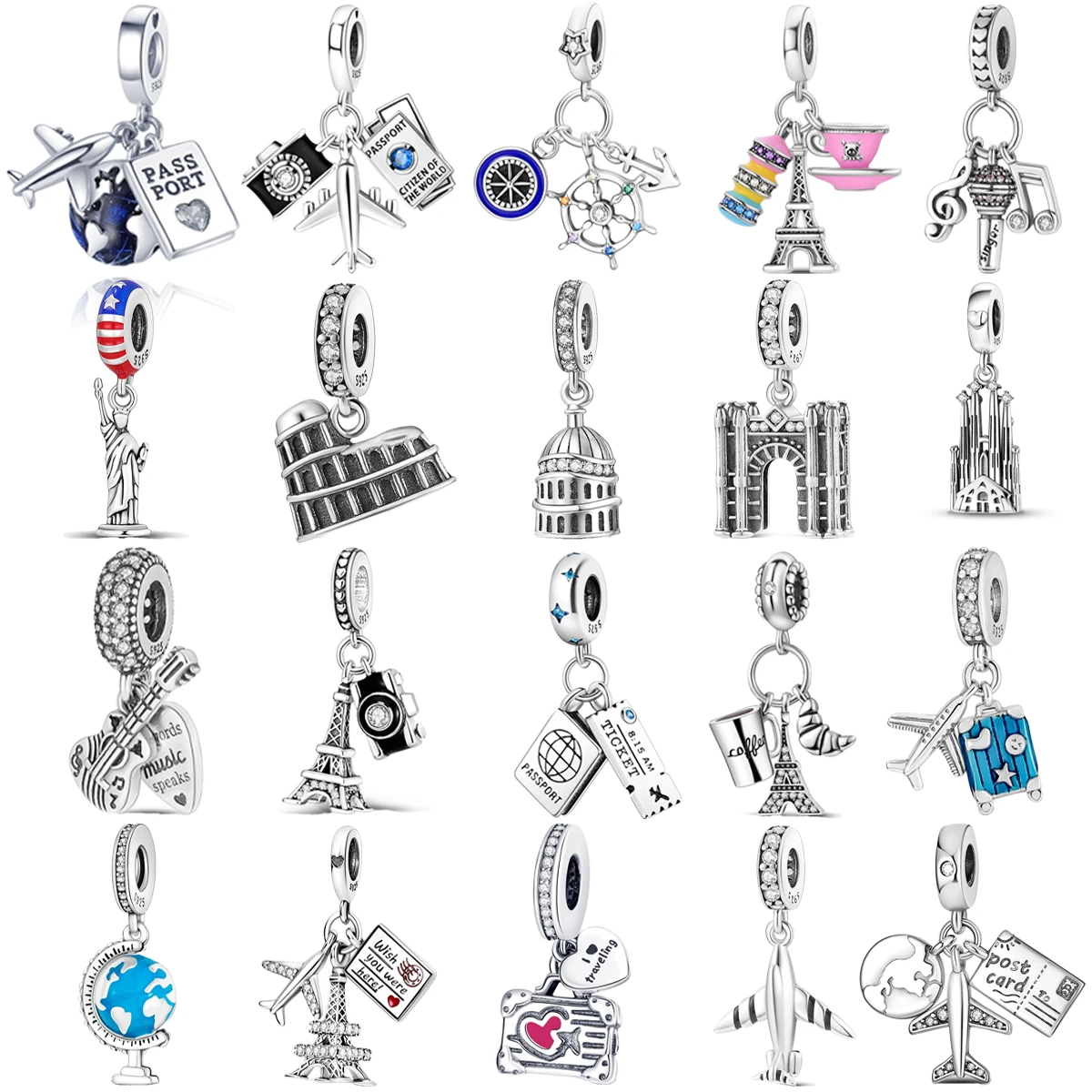 

Original 925 Charms Sterling Silver Airplane Camera Paris Tower Pendants for Pandora DIY Bracelet Ladies Jewellery Gift