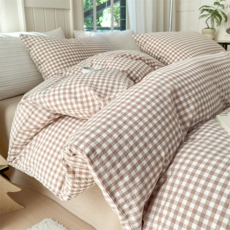 

simple style 3 Piece Sheet Set camel plaid duvet cover Set ， comfortable Bedding Set Bedspread for All Season