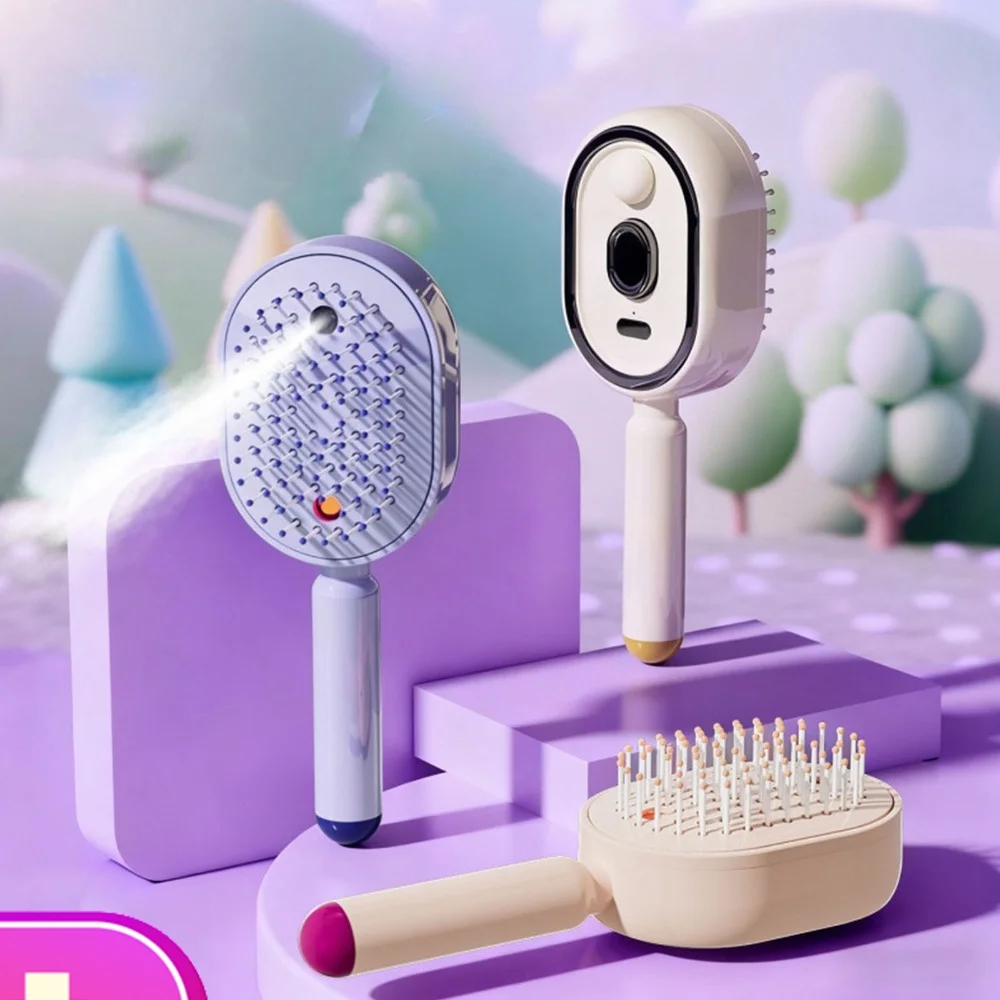 Electric Spray Hair Brush 2-In-1 Misting Hair Brush w/ Water Spray Reduce Frizz Anti-Static Essential Oil Atomized Massage Comb