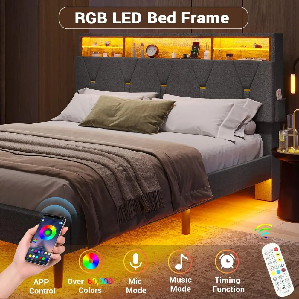 Bedframe Met Usb-Poorten En Stopcontacten, Led Bedframe Met Plank Opberghoofdeinde, Gestoffeerd Plateaubed Met Ledverlichting