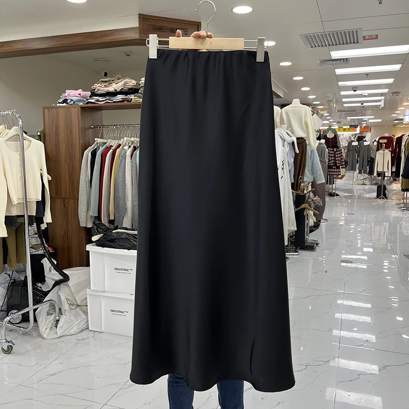 Matakawa Satin Mermaid Skirts for Women Solid Elegant Spring Summer Korean Fashion Faldas Mujer French Style Sweet Long Skirt