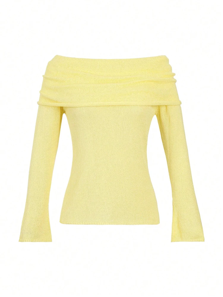 Nowości Jesień/Zima 2025 Styl Koreański Uniwersalny Sweter z Odkrytymi Ramionami, Dopasowany, Podkreślający Figurę, Luksusowy Wygląd, Długi Rękaw