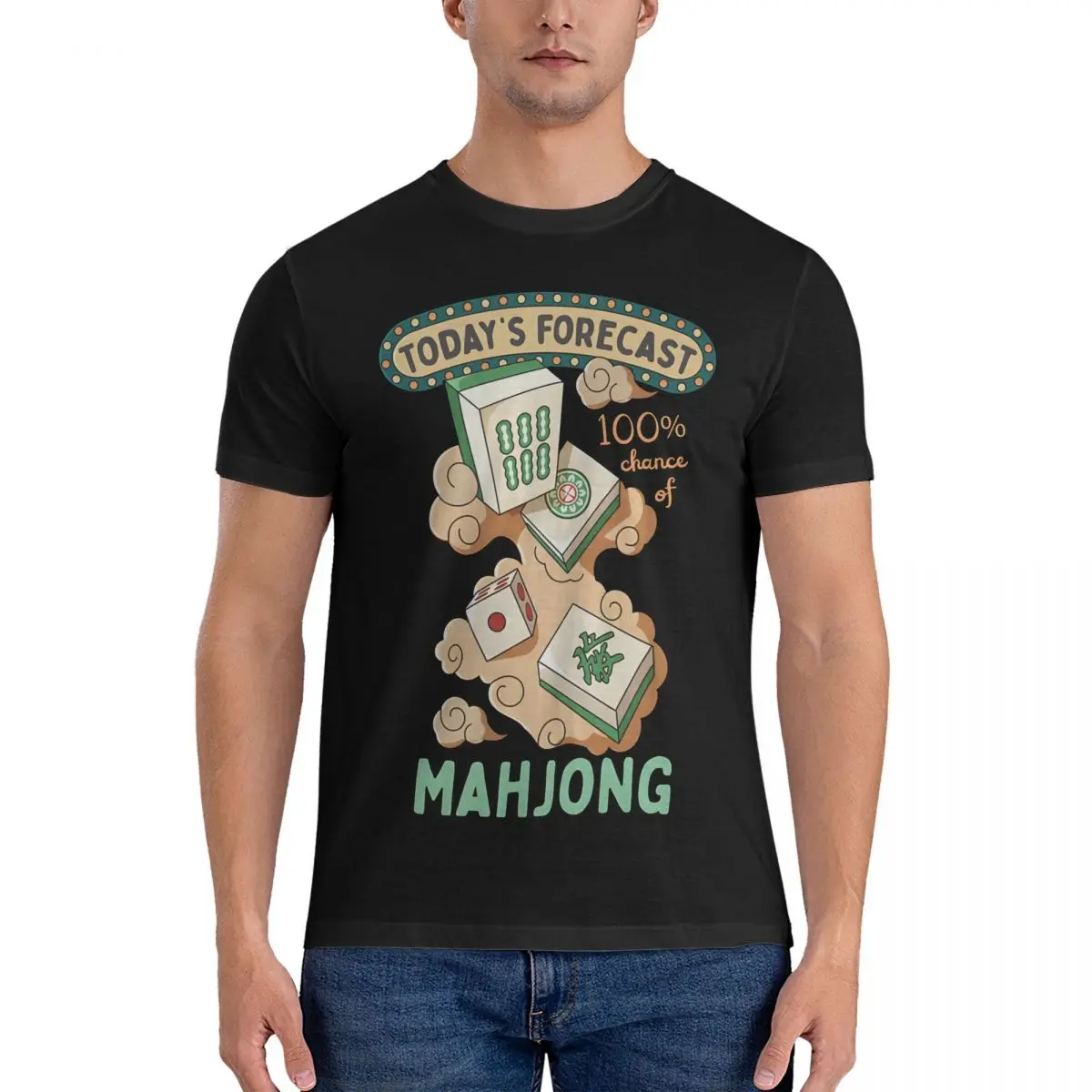 Mahjong Tiles And Clouds Cartoon Men's T Shirts Mahjong Humorous Tee Shirt Short Sleeve Round Collar T-Shirts Pure Cotton