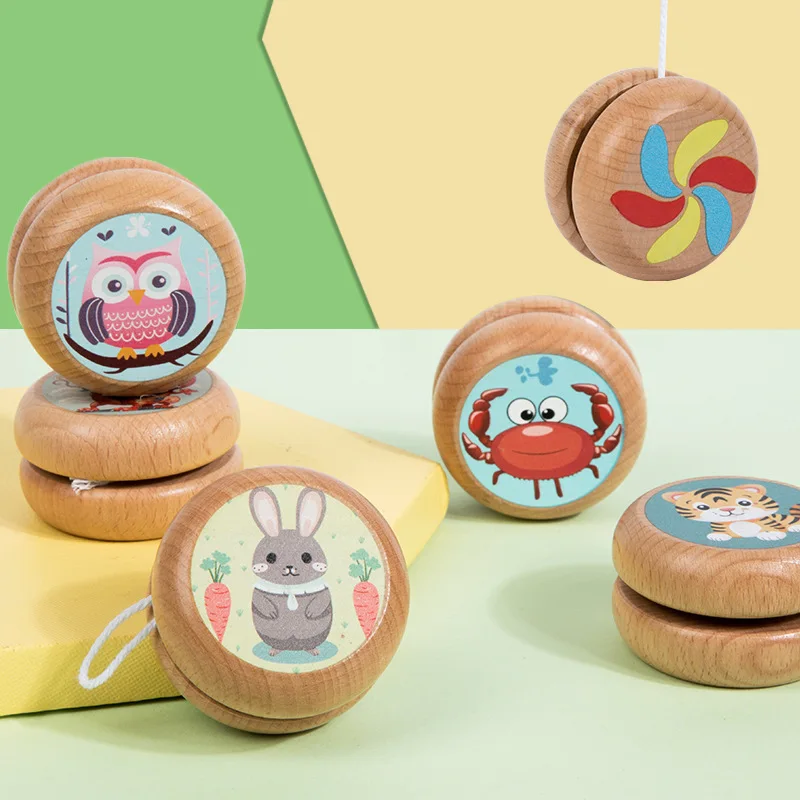 

1pc Double-Sided Printed Wooden Yo-Yo Toy with Colorful Patterns Natural Wood Texture Suitable for Children Ages 3+