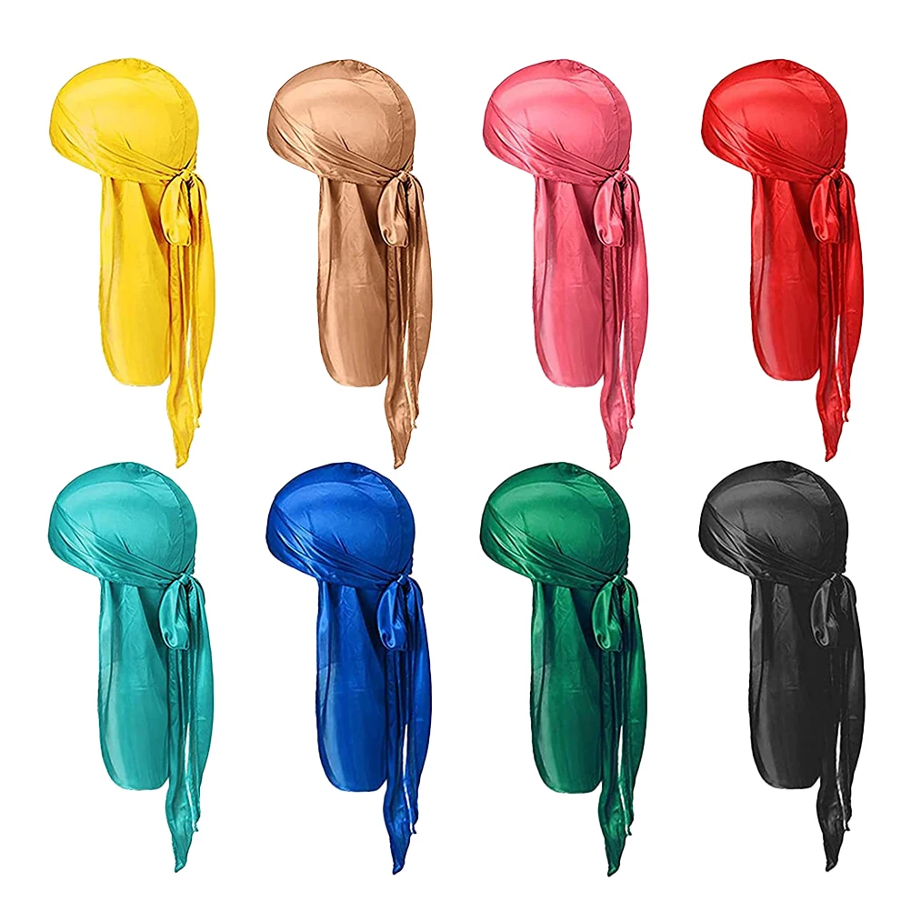 

8Pcs Satin Long Tail Durag Pirate Turban Elastic Breathable Headscarf Caps for Chemo Sleep Hair Wrap Biker Hip-Hop Style