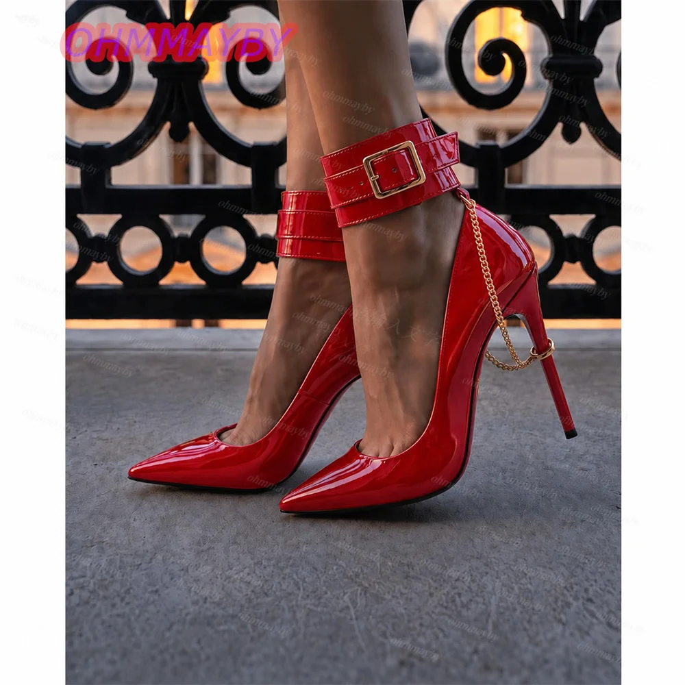 Women Black Patent Pumps Pointed Toe Slingback Chain Strap Stiletto Heel Buckle Detail Open Back High Heel Pumps Fashion Shoes