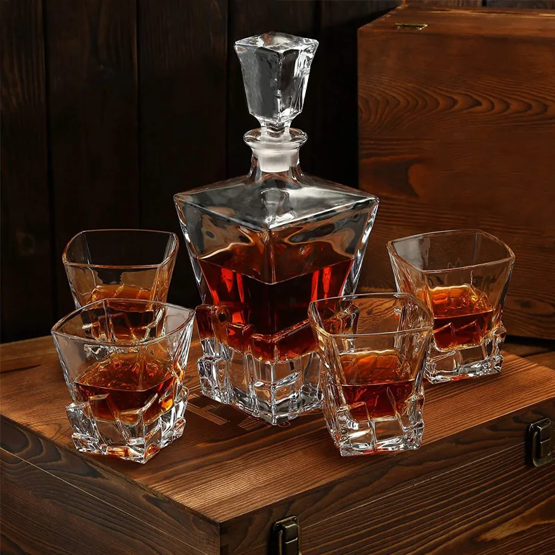 Wood Box Whiskey Decanter Set Diamond Shape with 4 Glasses , Gift for Men, Alcohol Bottle for Liquor Scotch Bourbon